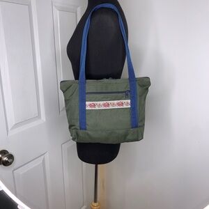 VINTAGE TOTE BAG DOUBLE ZIPPER CANVAS COTTAGE CORE BLUE/GREEN/FLORAL